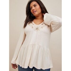 Torrid Embroidered Crisscross Neck Tunic Top Plus Size 3 Beige Long Sleeve Boho